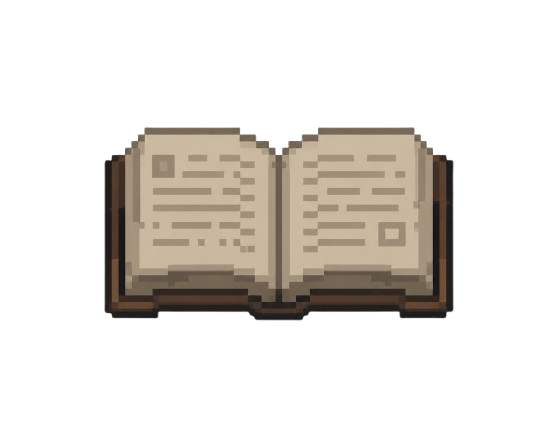 Pixel art book inside the Ashen Archive